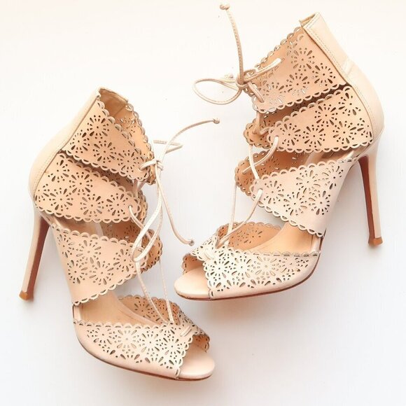 Schutz Tan Perforated Leather Heels Lace-up Peep Toe Summer Shoes Size 6.5 - Picture 1 of 16